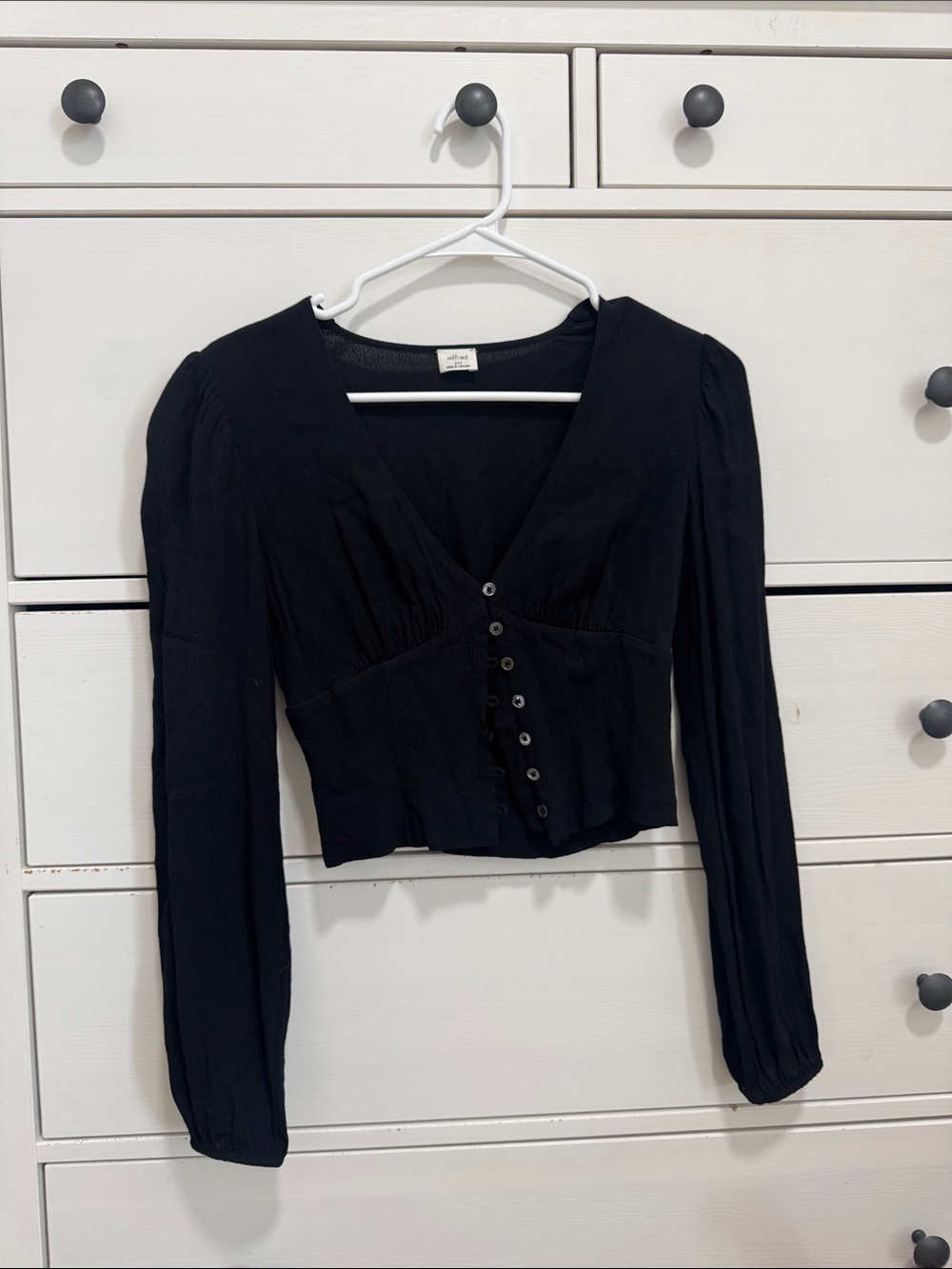 Aritzia Black Long-Sleeve V-Neck Button Front Top